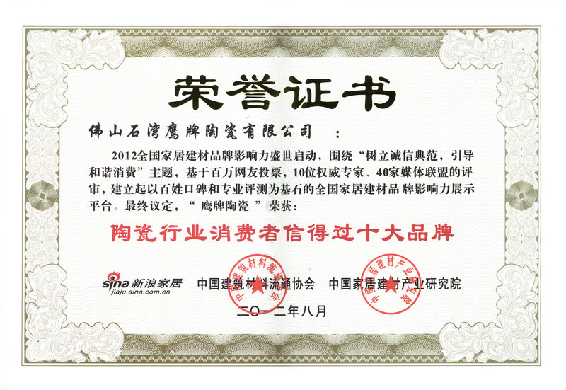 2012陶瓷行业消费者信得过十大品牌奖书