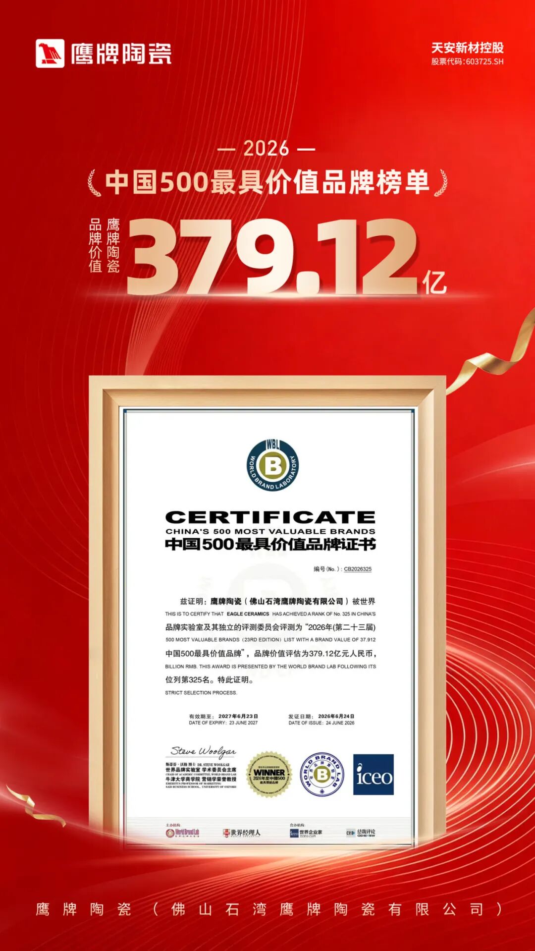 鹰牌陶瓷以379.12亿品牌价值再登“中国500最具价值品牌”榜单(图1) 鹰牌陶瓷以379.12亿品牌价值再登“中国500最具价值品牌”榜单(图1)